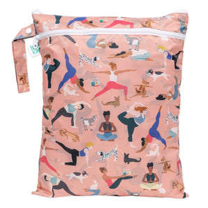 Bumkins Wet/Dry Bag: Yoga Pals - Peach, waterproof fabric with yoga pose illustrations of cats and dogs, includes a zipper.