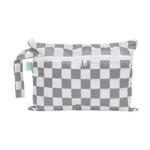 Bumkins Wet/Dry Clutch: Charcoal Check—a waterproof pouch with zipper and side strap, perfect for any outing.