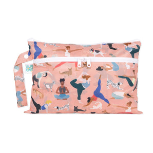 Bumkins Wet/Dry Clutch: Yoga Pals features illustrations of people and pets doing yoga, a white zipper, and waterproof fabric.