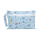 Bumkins Wet/Dry Clutch: Mickey + Minnie Sunny Side Up features waterproof fabric, cartoon prints, white zippers, and a handy strap.