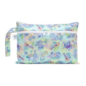 Bumkins Wet/Dry Clutch: Aloha Stitch is a pastel multicolored waterproof pouch with a tropical motif and two zippered compartments.