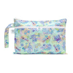 Bumkins Wet/Dry Clutch: Aloha Stitch is a pastel multicolored waterproof pouch with a tropical motif and two zippered compartments.