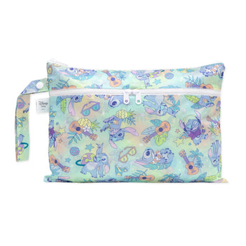 The Wet/Dry Clutch: Aloha Stitch by Bumkins is a colorful pastel zippered pouch with a wrist strap, featuring tropical designs like pineapples and leaves. This waterproof bag showcases playful Stitch poses, ideal as a stylish travel organizer or reusable bag.