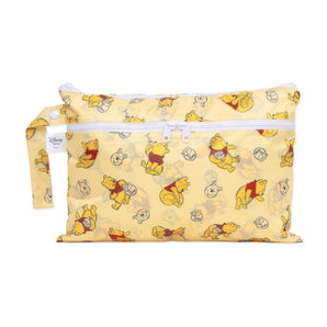 Bumkins Wet/Dry Clutch: Winnie Loves Hunny features waterproof fabric with a dancing bear print, plus a white zipper and handle.