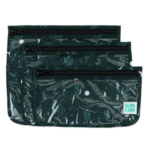 The Bumkins Clear Travel Bag 3 Pack: Starry Cactus features dark green pouches with cacti and moons, perfect TSA-compliant bags.