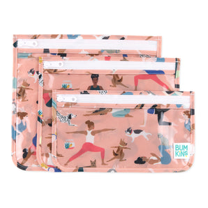 Bumkins Clear Travel Bag 3 Pack: Yoga Pals features three pink pouches with different sizes, perfect for TSA-compliant travel.