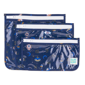 Bumkins Clear Travel Bag 3 Pack: Evil Eye includes three TSA-compliant pouches in blue waterproof fabric with a celestial print.