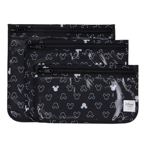 The Bumkins Clear Travel Bag 3-Pack features a black and white Mickey Mouse icon design and is TSA compliant.