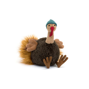 The Jellycat Theo Turkey plush toy, with a knitted hat and orange tail feathers, makes an ideal holiday gift.