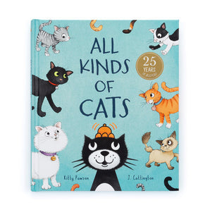 The Jellycat All Kinds of Cats Book features illustrated cats on a light blue cover, celebrating its 25th anniversary.