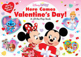 Vibrant cover with Mickey and Minnie holding a heart-shaped gift, surrounded by characters like Stitch and Cinderella. Published by Random House, the book titled Disney Baby: Here Comes Valentines Day! Board Book features hearts and envelopes all around.