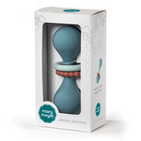 The image showcases a non-toxic silicone baby rattle from Mary Meyer. Visible through a transparent window on the box, it features a calming coral color with a circle handle, perfect for teething, and small brown beads adorning it.