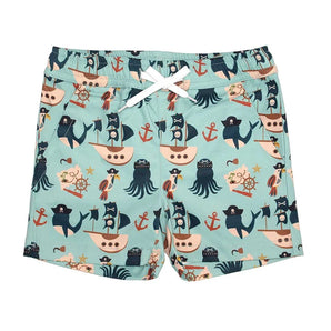 Emerson and Friends Pirates Life swim trunks feature ships, octopuses, and anchors on teal, with UV protection.