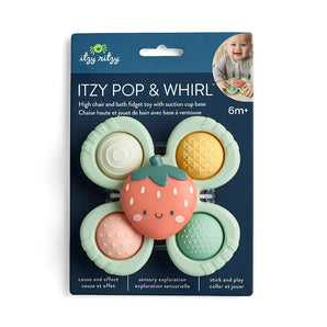 The Itzy Ritzy Itzy Pop & Whirl Strawberry toy is ideal for highchairs and designed for kids aged 6+ months. With a suction cup base, it features a smiling strawberry at the center surrounded by colorful, textured sections perfect for sensory play.