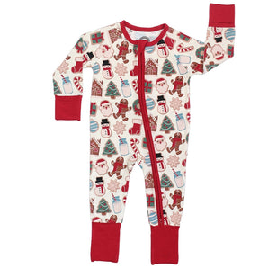 The Emerson and Friends Christmas Milk & Cookies Sleeper is a festive bamboo onesie with Santa, snowmen prints and a two-way zipper.