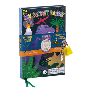 The Scented Secret Diary, Dino by Floss and Rock is a vibrant dinosaur-themed childrens diary with lively cover illustrations. It features a lock and key, scratch & sniff elements, and a sticker sheet. Suitable for ages 3+, it includes a choking hazard warning for small parts.