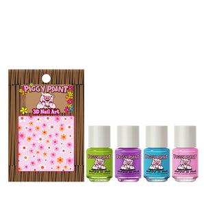 Piggy Paints Gift Set Funny Bunny includes 4 non-toxic polishes in green, purple, blue & pink with floral stickers.