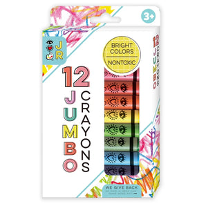 Bright Stripes Jumbo Crayons: Box of 12 vibrant colors, clear windows & colorful art packaging, ideal for arts & crafts enthusiasts.