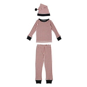 Lovedbabys Holiday PJ & Cap Set in Crimson Plaid features a long-sleeve top, pants, and hat, all made with organic cotton.