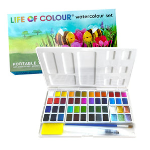 Life of Colours Portable Watercolor Set: Non-toxic with color pans, brush, sponge, in a vibrant floral box design.