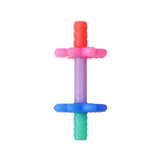 The Itzy Ritzy Teensy Tubes is a colorful, textured dog toy designed like a dumbbell with four disc-like sections in pink, purple, blue, and green. Made from BPA-free materials, it offers unique textures for teething relief and ensures safe playtime.