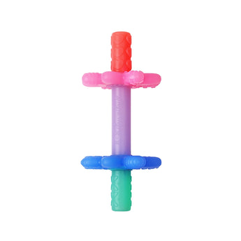 The Itzy Ritzy Teensy Tubes is a colorful, textured dog toy designed like a dumbbell with four disc-like sections in pink, purple, blue, and green. Made from BPA-free materials, it offers unique textures for teething relief and ensures safe playtime.