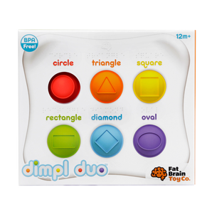 Fat Brain Toy Cos Dimpl Duo: A tactile learning toy with colorful pop-up buttons featuring labels for shapes and colors like circle and square.