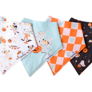 The Bandana Bib Set, Mickey Mouses Boo Bash by Copper Pearl offers four festive Halloween-themed bibs with playful patterns of pumpkins, ghosts, and cartoon characters in orange, black, and teal. This trendy accessory makes a perfect gift set for little ones during the spooky season.