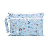 The Bumkins Wet/Dry Clutch: Mickey + Minnie Sunny Side Up is a light blue, waterproof pouch with food and Mickey Mouse designs, zipper, and wrist strap.