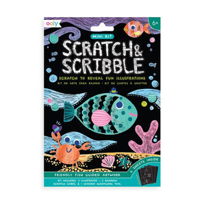 Enjoy an ocean adventure with OOLYs Mini Scratch & Scribble Friendly Fish kit, featuring 4 cards and a wooden scratching tool.