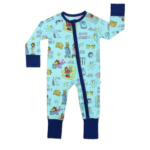 The Sleeper, Good Night Arthur by Emerson and Friends is soft blue pajamas with animals, navy cuffs, & a two-way zipper.