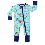 Emerson and Friends Sleeper, Good Night Arthur: Light blue baby onesie with cartoon characters, navy trim, buttery soft bamboo.