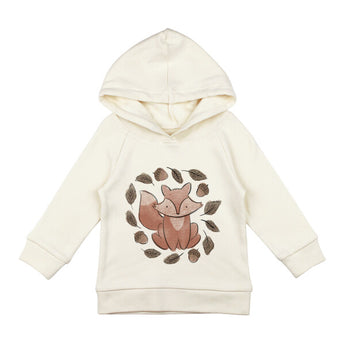 The Lovedbaby Organic Hoodie, Foxy, is cream-colored with an eco-friendly dye and features a fox illustration among leaves and acorns. Made from organic cotton with a hood and long sleeves, its ideal for nature lovers who value sustainable fashion.