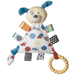 Mary Meyers Taggies Activity Triangle Puppy: a plush toy with a dotted triangle body, blue ears, teether, and satin ribbon loops.