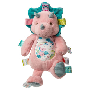 Mary Meyers Aroarasaurus plush offers tactile stimulation with satin tags and embroidered details, shown on a white background.