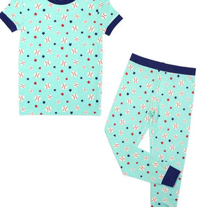 Emerson and Friends PJs, Baseball Buddies: Soft blue bamboo pajamas with starfish pattern & dark blue trim on short-sleeve top and pants.