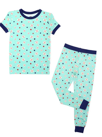 Emerson and Friends PJs, Baseball Buddies: buttery soft bamboo set in light blue with short sleeves, long pants, fish & stars, dark blue cuffs.