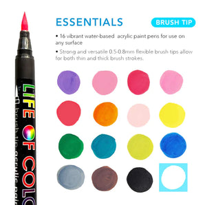 Life of Colours Acrylic Paint Pens, Essential Colors, offers 16 vibrant shades for detailed highlights and artistic flair.