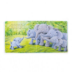 The Jellycat book Elephants Cant Fly features an illustration of elephants in grass and text on the left page.