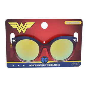 Arkaid Sunglasses by Sunstaches: DC Wonder Woman-themed, round with gold lenses, logo, and stars. Perfect kids accessory!.