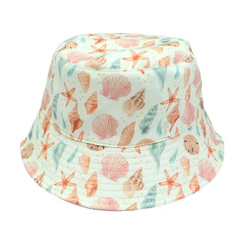 The Emerson and Friends Reversible Bucket Hat, Sandy Seashells, features a lively seashell, starfish, and marine pattern in pink, orange, and teal. Perfect for infants and toddlers, it combines style with sun protection for sunny beach days.