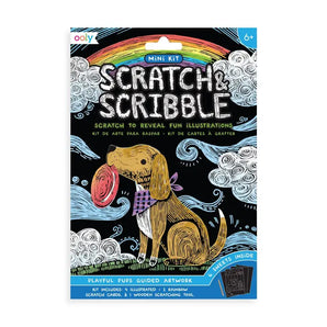 The OOLY Mini Scratch & Scribble, Playful Pups kit includes pup-themed cards, a scratching tool, and rainbow art for ages 6+.