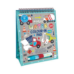 Floss and Rocks Color Changing Watercard Easel features construction vehicle art with a refillable pen for no mess fun.