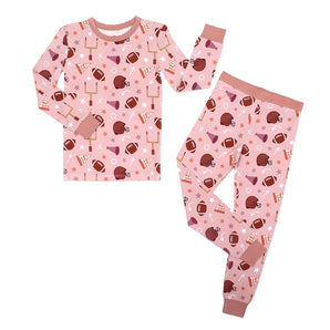 Emerson and Friends Game Day Rose PJs: buttery soft bamboo pajamas with football helmets and stars, perfect for sporty kids.