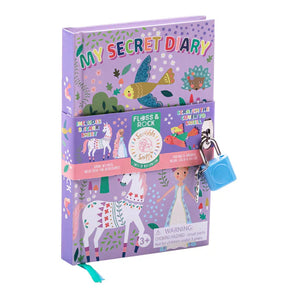 The Scented Secret Diary, Fairy Tale by Floss and Rock is a colorful childrens diary featuring vibrant unicorn and bird illustrations. It includes a lock, key, sticker sheet, and scratch-and-sniff watermelon-scented cover, ideal for ages 3+.