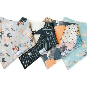 The Copper Pearl Bandana Bib Set, Nightmare Before Christmas, provides six vibrant baby fashion accessories made from absorbent cotton. Each bib showcases unique designs with cartoon animals and abstract patterns in shades of gray, blue, orange, and teal—ideal for stylish infants.