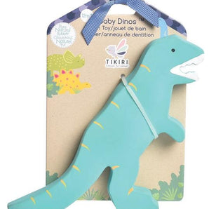 Tikiri Toys Tyrannosaurus Rex teether is a teal dinosaur made from organic rubber, in cute dino packaging with a ribbon on top.