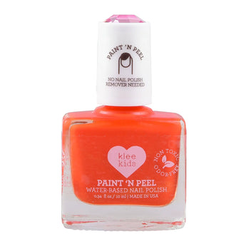 Klee Naturals Kids Water-Based Peelable Nail Polish in bright orange, topped with a pink gem for child-friendly fun.