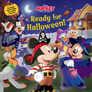 In the Ready For Halloween Board Book by Random House, Mickey is a pirate, Minnie a witch, Donald a superhero, Goofy as a skeleton, Daisy with her witchs hat, and Pluto holds a pumpkin under the full moon. Text: Ready for trick-or-treating!.