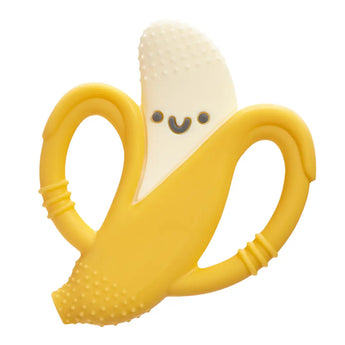 The Itzy Ritzy Chew Crew Banana is a yellow, banana-shaped teether crafted from soft silicone. It includes a smiling face, BPA-free design, two peel-like handles, and a textured end to soothe gums.